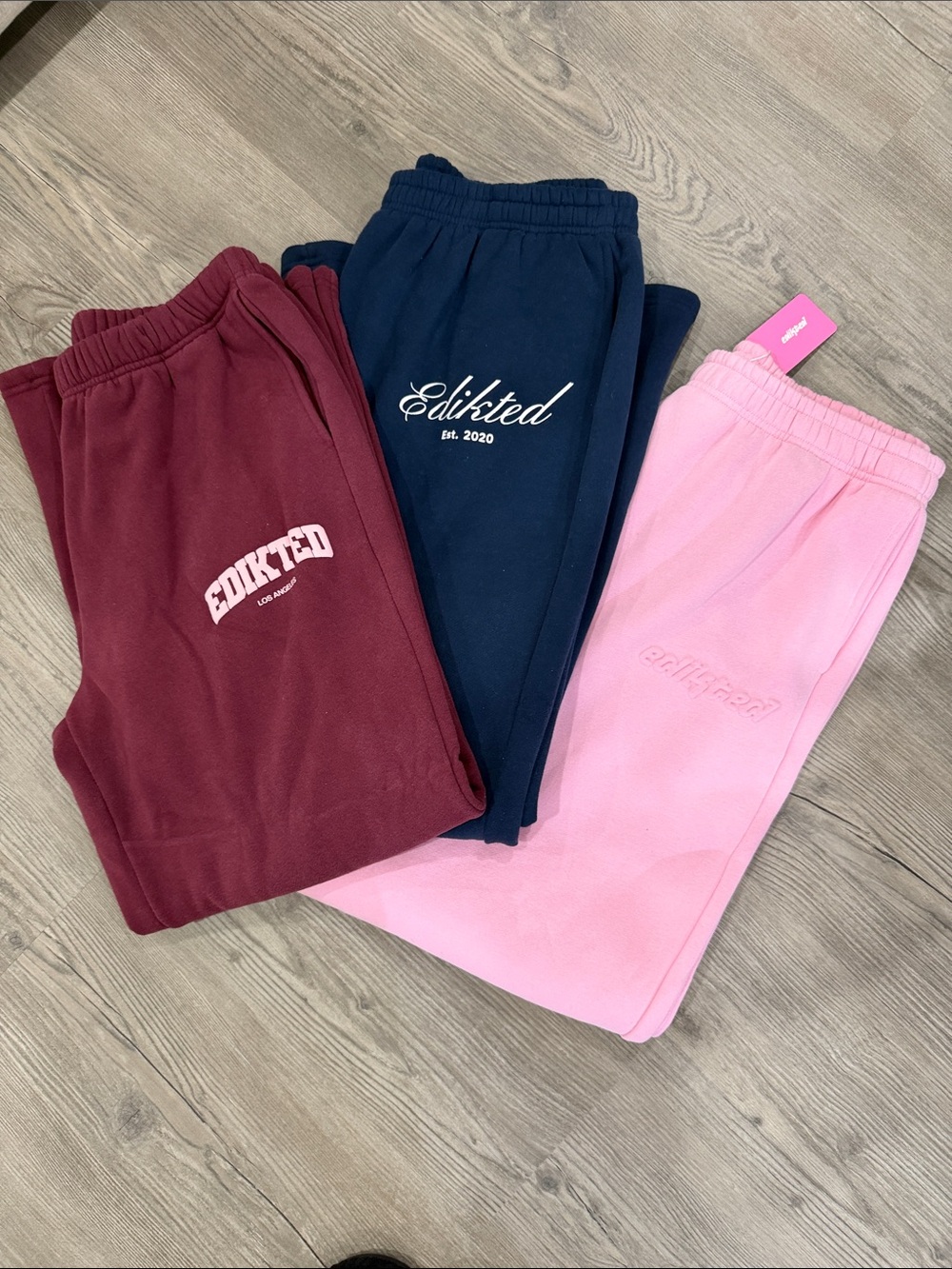 Edikted Navy, Pink and Burgundy Woman’s sweatpants set of 3